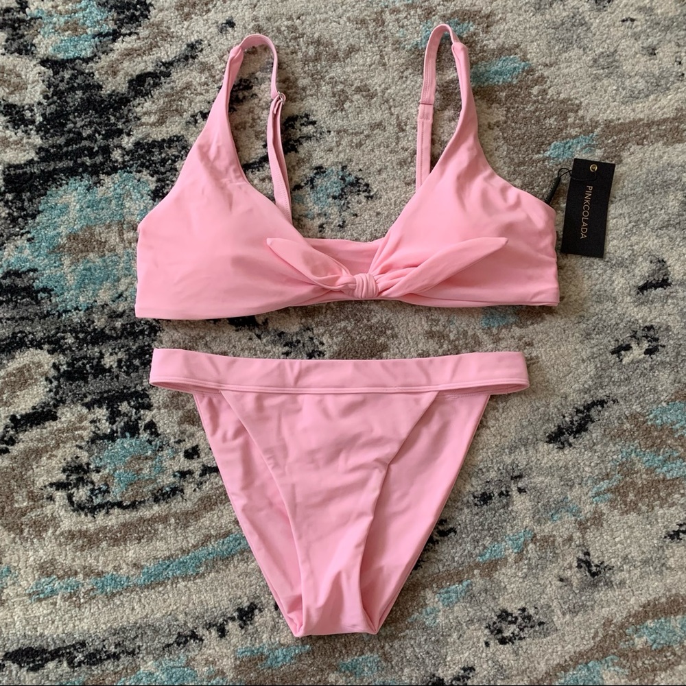 NWT! Pink Colada Light Pink Tie Front High Waisted Bikini!